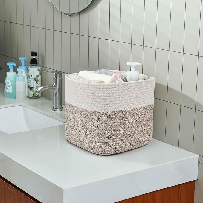 Gocjuaza 3 Pack Storage Cubes 11 Inch Cotton Rope Woven Baskets for Organizing Cube Bin Square Shelves Organizer,Classroom,Kids Toy Bins,Closet,Baby Nursery(Brown)