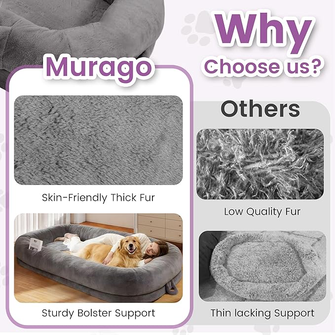 Murago Human Dog Bed for Adults, 43 x 10 x 71 Long Human Size Dog Bed, Removable Cover, Washable, Waterproof, Orthopedic Design Light Grey