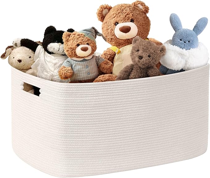 SunNewt 60L Small Baby Girls Laundry Basket for Nursery Storage,Cute Woven cotton Rope Baskets for Kids Toy，Gifts,Boho Square Wicker Blanket hamper for Living Room,Bedroom Dirty Clothes, White