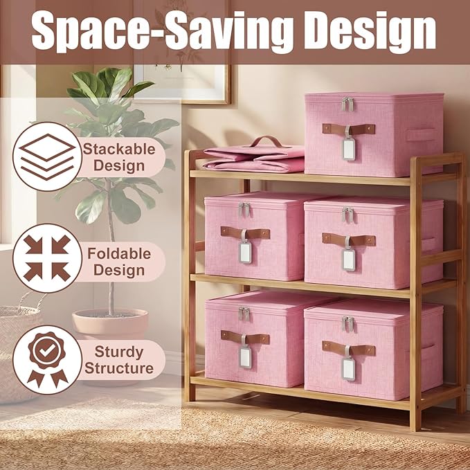 Fiwochic 6 Pack Fabric Storage Bins with Lids and Label, 10×8×7Inch Foldable Cotton Linen Cute Storage Boxes with PU Leather Handles for Closet, Bedroom, Shelf, Nursery, Pink
