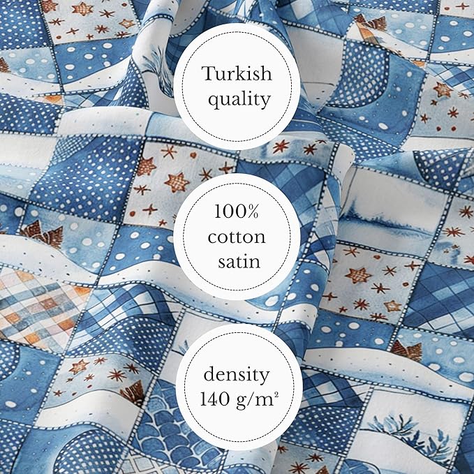Winter Blue Patchwork Cotton Fabric – Premium Turkish Printed Cotton 140 GSM, Pre-Cut 61 x 36.6 Inches, Quilting & Sewing Fabric for Crafts, Home Decor & DIY Projects