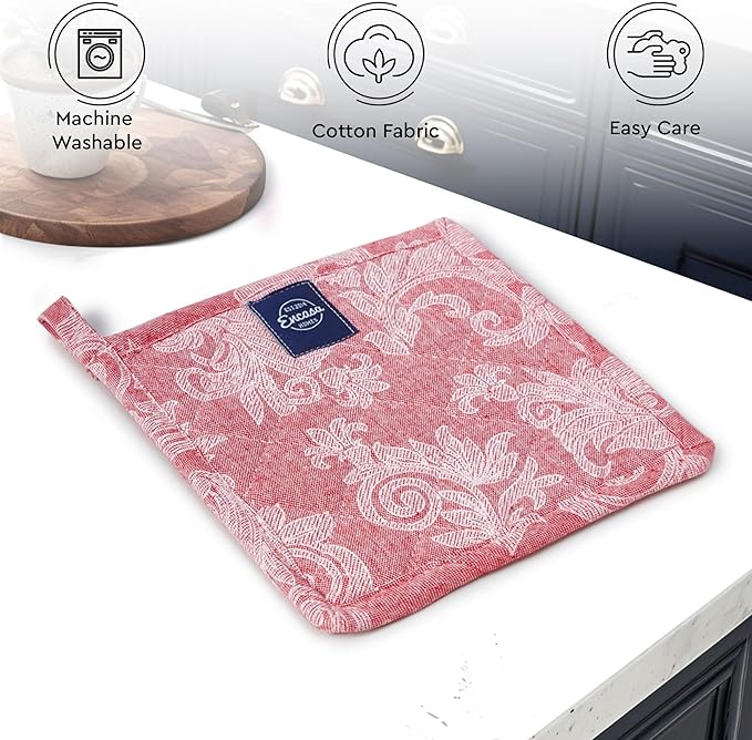 Pot Holders for Kitchen | Heat Resistant Pads | Set of 2 | Hot Dish Holder Sets | 8x8 in |for Cooking, Baking, Grilling, Microwave & BBQ, Chambray Red by Encasa XO