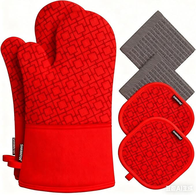 Oven Mitts and Pot Holders Sets 6pcs, Kitchen Oven Glove,High Heat Resistant 550 Degree Extra Long Oven Mitts and Potholders with Non-Slip Silicone Surface for Home Essentials (Grey) (Coral Red)