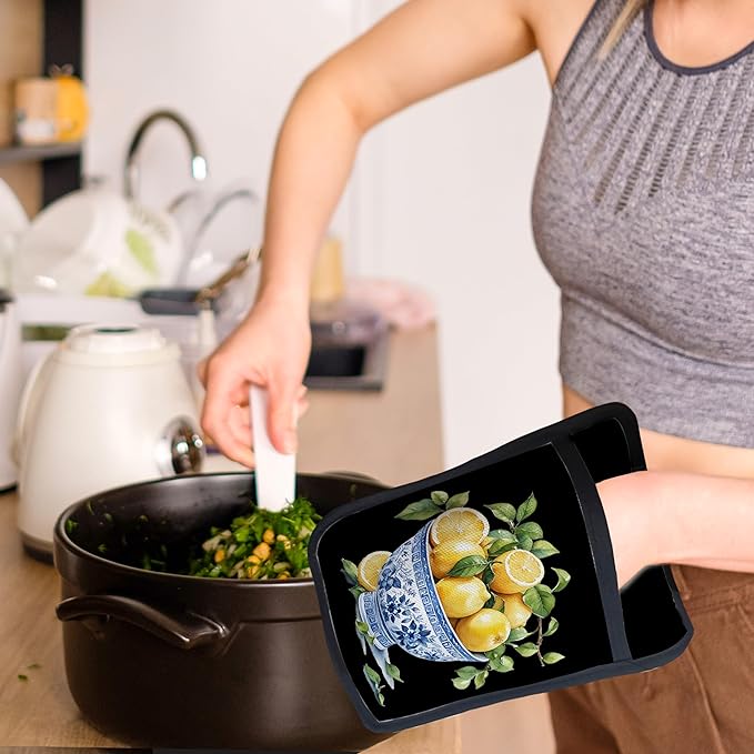 Chinoiserie Lemon Pot Holders with Pockets, Blue and White Grandmillennial Lemon Tree Oven Pot Holders Heat Resistant Oven Mitts Hot Pads for Kitchen Baking Cooking