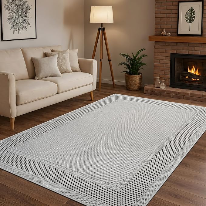 CAMILSON Easy Jute Rug 8x10, Indoor Outdoor Off-White Color Fiber Area Rugs for Entry, Living Room and Bedroom Rug, Bordered Boho Woven Design, Easy-Cleaning, Washable Outside Carpet (8 x 10)