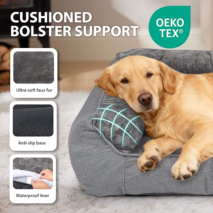 ZAKAPAWS Orthopedic Dog Bed for Extra Large Dogs - Waterproof Memory Foam Dog Couch Bed with Sides, Pet Beds with Washable Cover & Non-Slip Bottom, Grey, 42x30 Inch
