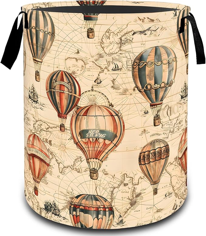 VODRM Vintage Hot Air Balloon Map Laundry Basket, Dirty Collapsible Clothes Toy Organizer Hamper for Kids Adults, Oxford Cloth Waterproof Storage Bin for Bedroom Bathroom Decor Gifts, 19.7"X15.7"