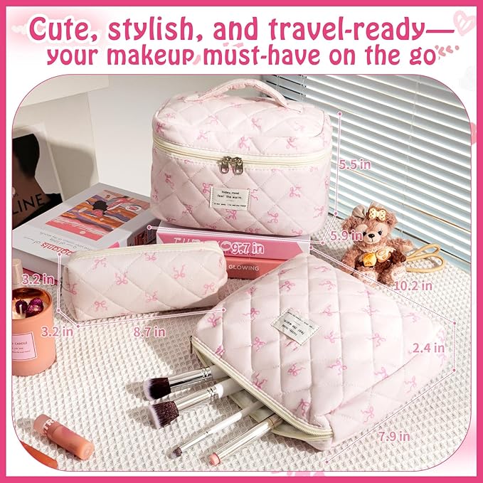 Cozomga Quilted Makeup Bag, Large Capacity Travel Cosmetic Bag for Women and Girls, Aesthetic Storage for Daily and Travel Use (3PCS-Pink SlimBow)