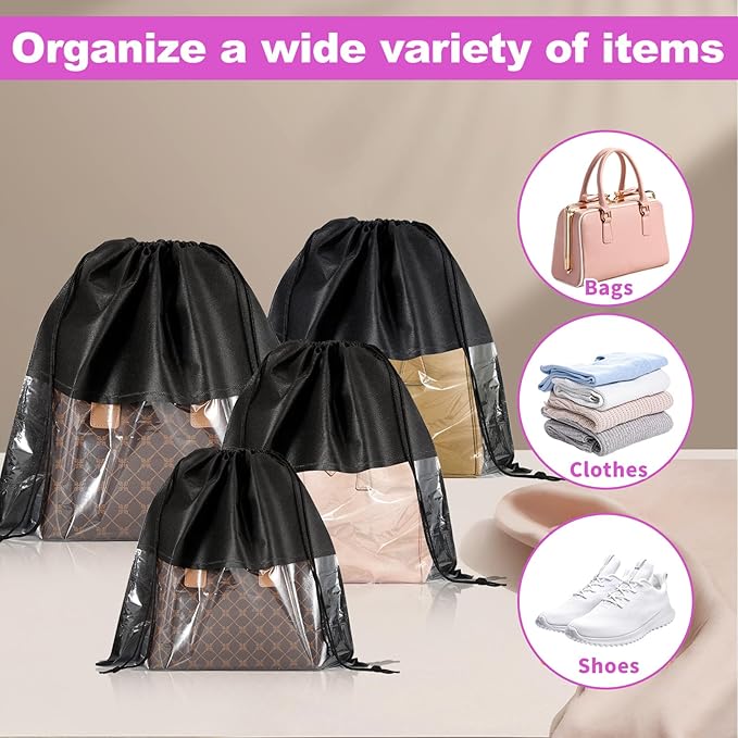 Bgtecho 12 Pcs Shoe Bags for Travel, Dust Bags for Handbags, Dustproof Drawstring Bags in 4 Size, Breathable Non Woven Fabric Storage Bag for Handbags Shoes Purses, Black