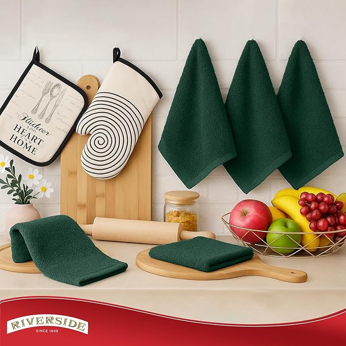Riverside Bar Mop Towels Pack of 12, 16x19 Inches, 100% Ring Spun Cotton Terry Cloth Kitchen Towel, Highly Absorbent & Reusable Multipurpose Cleaning Rags for Bathroom, Hotel, Restaurant, Hunter Green