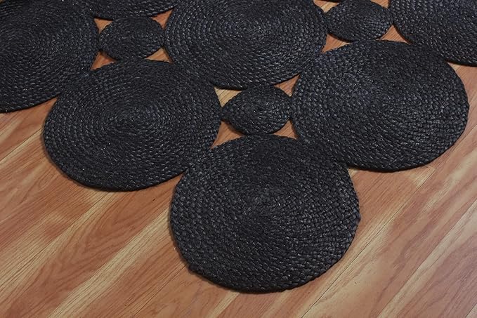 Scalloped Jute Rug, Hand Woven Runner Area Rug, 5x10 Ft Black Braided Natural Sisal Kilim Rugs for Living Room, Kitchen, Entryway, Farmhouse