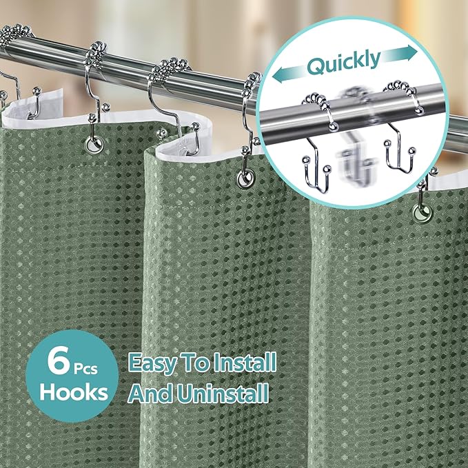 Vipfree 3 in 1 Shower Curtain Set, Waffle Shower Curtain and Liner Set with 6 Double Sided Shower Curtain Hooks, 258GSM Luxury Weighted Cloth Shower Curtains for Bathroom, 36 W x 72 H, Sage Green