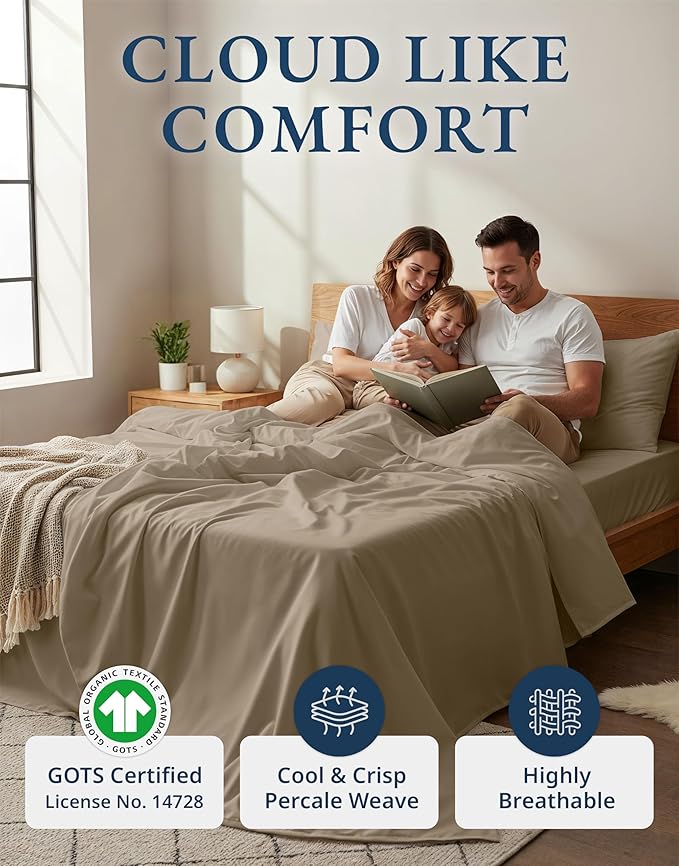 LANE LINEN 100% Organic Cotton Sheets Set, Pure Organic Cotton Long- Staple Percale Weave Ultra Soft Best- Bedding Sheets for Bed, GOTS Certified, Fits Mattress Upto 15in. Deep Pocket (Full, Taupe)