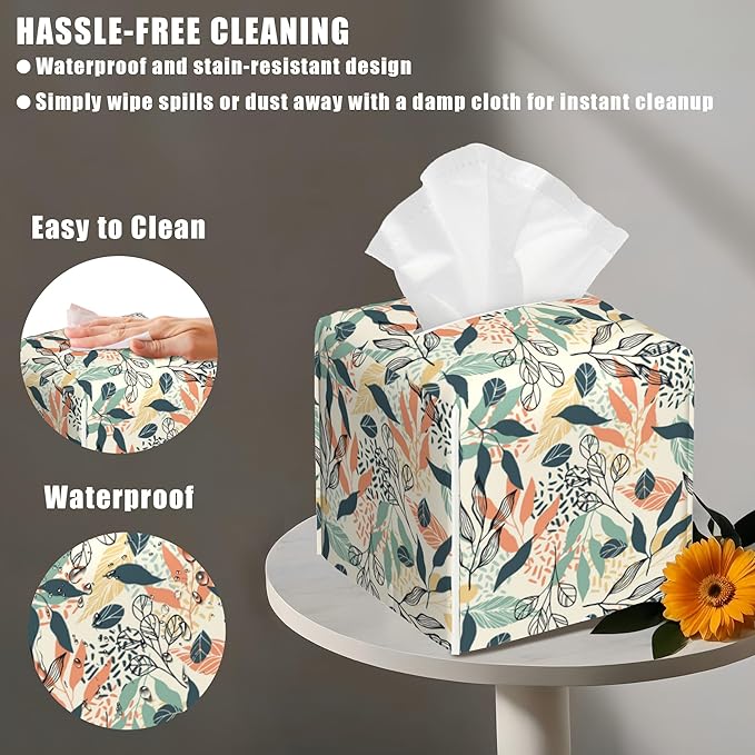 BLYKVGHQ Boho Leaves Tissue Box Cover Square, Tissue Box Holder with Bottom Belt Leather Facial Paper Organizer Dispenser for Bathroom Bedroom Dresser Night Stand Tabletop