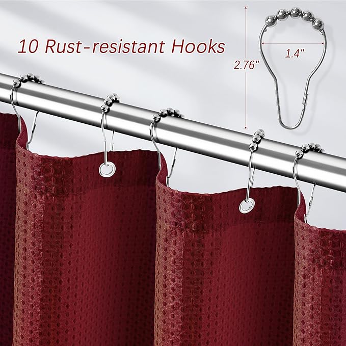 PANGSINNE 60 inch Stall Shower Curtain - Waffle Weave Heavy Duty Thick Fabric Shower Curtains for Bathroom, Weighted Hotel Spa Luxury Cloth Bath Curtain Set with 10 Hooks, 60x72, Burgundy