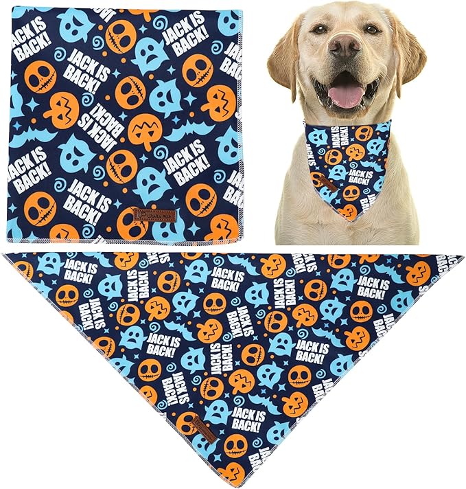 UP URARA PUP Halloween Dog Bandana – Spooky Ghost Print Triangle Scarf for Small Medium Large Dogs, Soft Cotton Pet Bib for Fall, Adjustable Dog Kerchief for Trick or Treat & Costume Parties