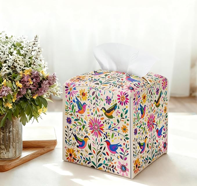 Floral Bird Tissue Box Holder, Scandinavian Leather Tissue Box Cover Square with Bottom Belt, Paper Napkins Everyday Dispenser for Bathroom Night Stands Kitchen Office Car Home Decor