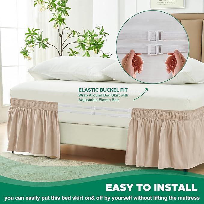 Biscaynebay Wrap Around Bed Skirts for Queen Beds 17" Long Drop, Sand Adjustable Elastic Dust Ruffles Easy Fit Wrinkle Resistant Silky Luxurious Fabric Machine Washable