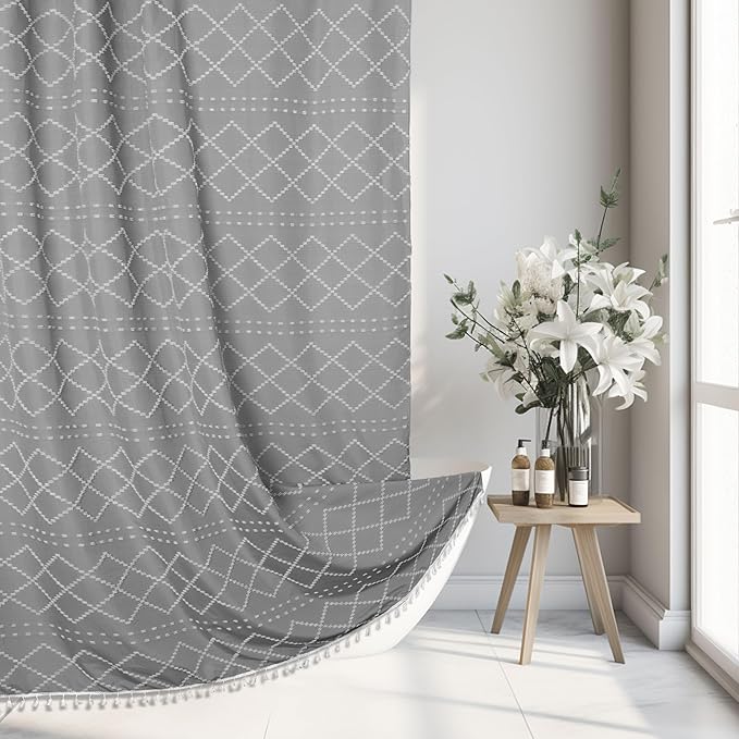 Siiluminisoy Boho Grey Textured Shower Curtain with Tassels 72 x 72 Tufted Chevron Striped Chenille Woven Fabric Cloth Shower Curtain Modern Farmhouse Minimalist, Shabby Chic Home Decor for Bathroom