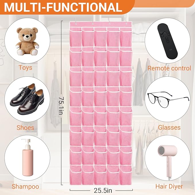 Hualleko 40-Pocket Over the Door Shoe Organizer - Large Mesh Pocket Hanging Shoe Organizer,Behind the Door Shoes Storage Holder Hanger (Pink-W)