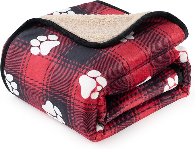 CAPT.SNOOZE Waterproof Dog Blankets Pet Blanket 50"x60", Soft Fluffy Sofa Car Bed Protector, Reversible Sherpa Fleece Dog Blanket for Large Dogs Christmas Decor(Paw Red)