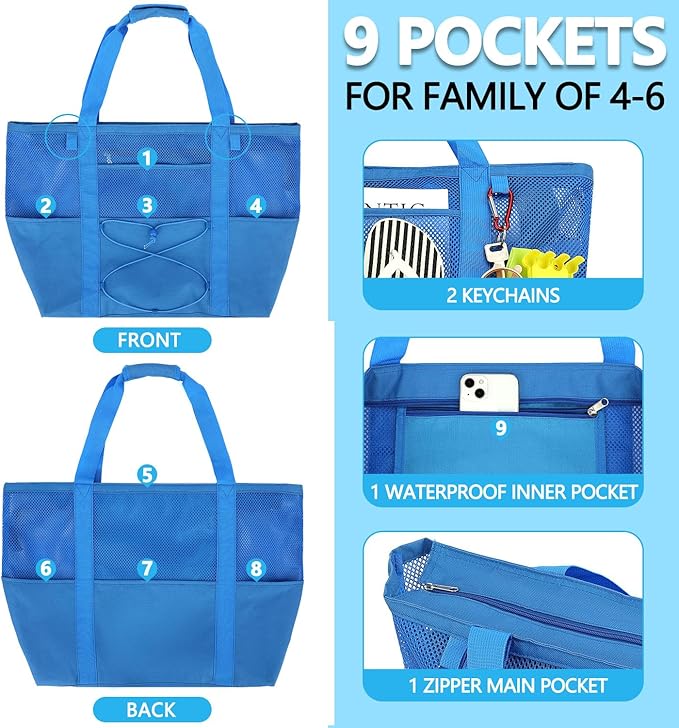 Fammart Mesh Beach Bag, Large Beach Tote with Zipper Pocket for Family Pool Bag for Toys & Vacation Essentials
