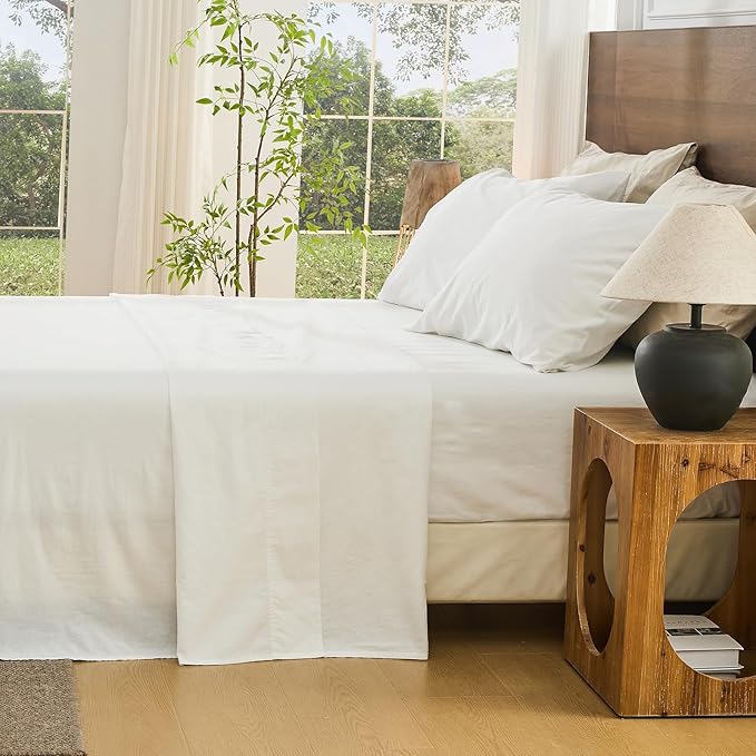 Bedlifes 100% French Flax Linen Sheets Set King Size - 6 Piece Extra Deep Pocket 18-24",Soft Breathable King Bed Sheets with Temperature Regulating & Moisture-Wicking(White