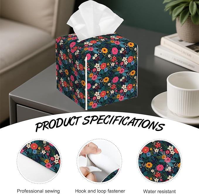 Colorful Flowers Tissue Box Holder,Cube Tissue Box Cover Holder,Leather Facial Paper Organizer Dispenser Home for Bedroom Night Stands,Kitchen,Office and Car,5.2"×5.2"×5.2"