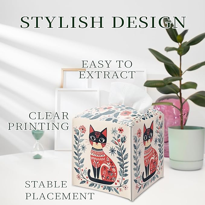 Cat Tissue Box Holder, Nordic Cat Leather Tissue Box Cover Square, Paper Napkins Everyday Dispenser Accessories for Bathroom Vanity Countertop Night Stands Kitchen Office Car Home Decor