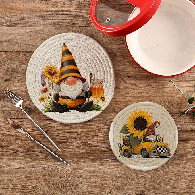 Boccsty Spring Gnome Trivets for Hot Pots and Pans Sunflower Truck Pot Holders 2PCS Hot Pads Kitchen Pot Holder for Counter Table Countertop Farmhouse