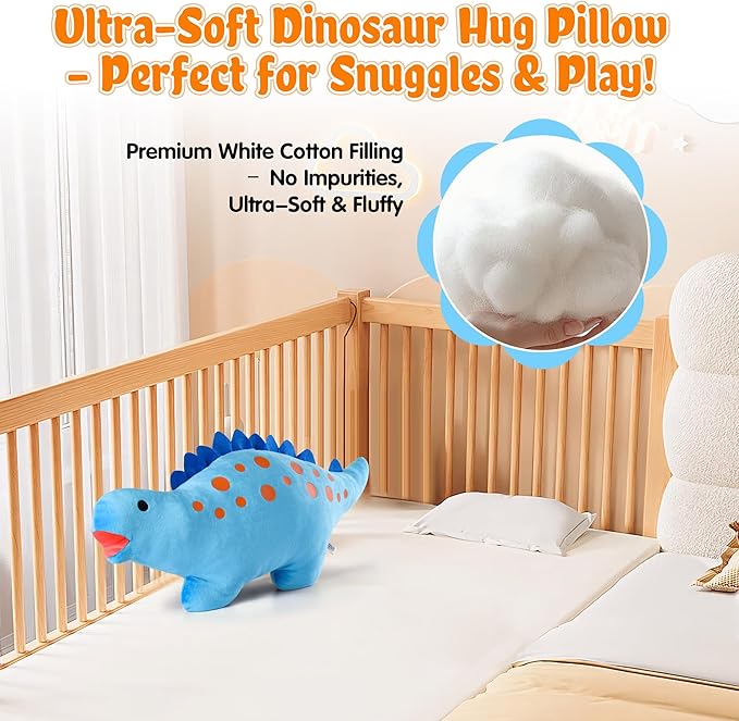 BB FUN HOUSE Dinosaur Pillow Plush, Stuffed Animal Birthday Gift Dino Decorative Throw Pillow for Kids Teens Adult Room Decor Soft Plushie Toy, Blue