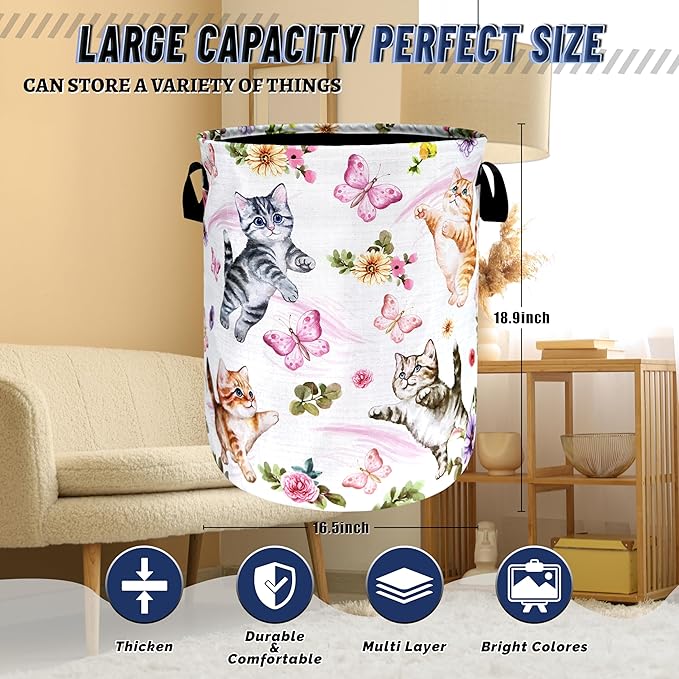 Cute Cats Butterfly Laundry Hamper Foldable Oxford Cloth Animal Floral Flowers Laundry Basket With Handle Portable Clothes Storage Basket Laundry Bag 18.9"x16.5" For Laundry Room/Bedroom/Bathrooms