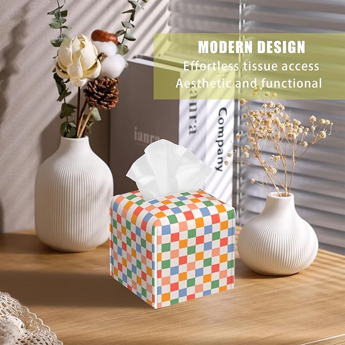 Retro Leather Tissue Box Holder Colorful Checkerboard Tissue Box Cover Facial Paper Case Organizer Cube Napkin Dispenser for Bathroom Vanity Countertop Night Stand Office Car