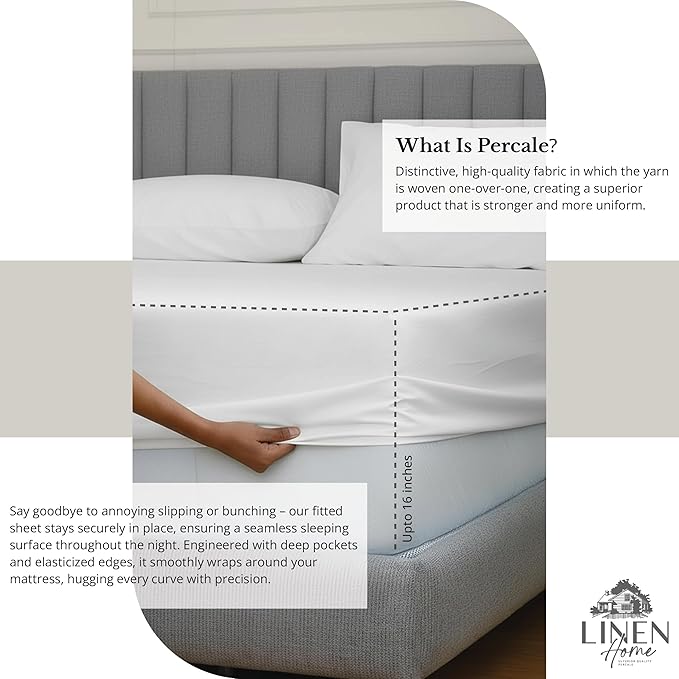 Linen Home 100% Cotton Percale Sheet Set, Queen Size, White, Deep Pocket, 6 Pieces Set - 1 Flat, 1 Deep Pocket Fitted Sheet and 4 Pillowcases, Crisp Cool and Strong Bed Linen