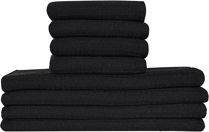 Candy Cottons Kitchen Dish Wash Cloths Waffle Terry Design DishCloths12x12 in Pk of 4 & Dish Towels 13x28 in Pk of 4|Cotton Dish Rags for Drying Dishes|Counter Top |Spring Easter Basket Decor|Black