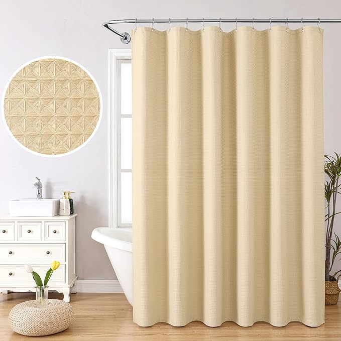 MISS SELECTEX Matt Waffle Thick Cloth Shower Curtain for Bathroom,Waterproof 230GSM Durable Fabric Hotel Shower Curtain, Machine Washable Shower Curtain,Spa Luxury Bath Curtain (72Wx96H, Linen)