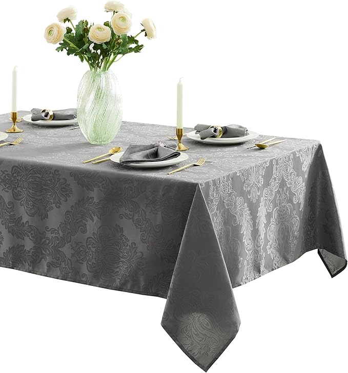 Newbridge Barcelona Damask Fabric Tablecloth, 52 x 52 Inch Square, Grey – No Iron, Soil Resistant Table Cover for Dining, Parties and Holidays