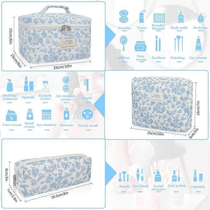 Gosect 3pc Makeup Bag Set, Quilted Makeup Bag Set, Large Floral Cosmetic Bag for Women, Cute Cotton Makeup Bags, Flower Travel Toiletry Organizer Bag (Checkered)