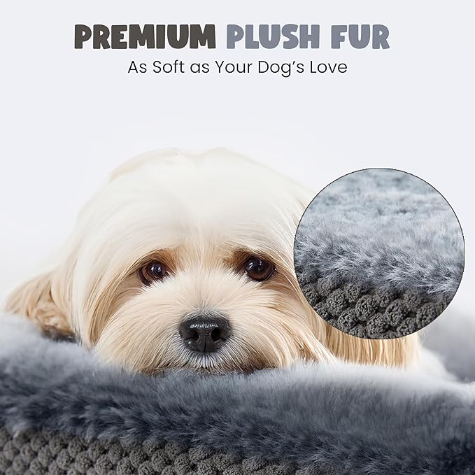 Miorun Orthopedic Dog Bed for Extra Large Dogs, Extra-Thick 3.6" Foam Fluffy Fur Sofa with Comfortable Sides, Soft and Big Dog Couch Bed with Washable Removable Cover and Non-Slip Oval Bottom, Grey