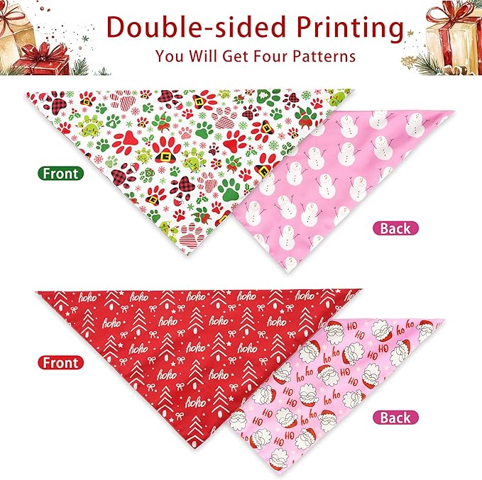 Christmas Dog Bandanas Reversible 2 Pack Small, Cute Santa Claus Dog Paw Tree Snowman Christmas Pet Bandanas Set Adjustable Triangle Winter Xmas Holiday Scarves for Small Medium Boy Girl Dogs