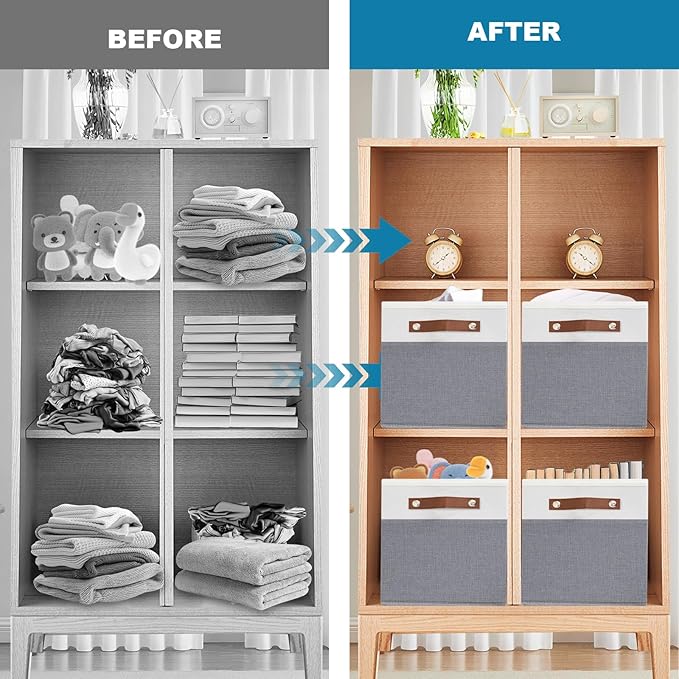 6 Pack Fabric Storage Baskets for Shelves, Closet Storage Bins for Shelves, Fabric Baskets for Organizing with Handles for Home and Office (White with Grey,15"L*10.2"W*9"H)