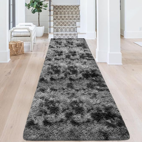 3x10ft Plush High Pile Black Tie-Dyed Rug Fluffy Soft Runner Bedside Rug for Bedroom Living Room Hallway Nursery Kids Home Decor Shag Carpet