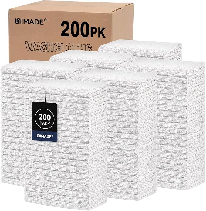 UNIMADE Washcloths Bulk - 200 Pack - Face Towels (12" x 12"), Highly Soft Wash Cloths and Hand Towels, Fast Drying Multi-Purpose Microfiber Cleansing Cloths for Bathroom, Hotel, Spa, and Salon - White