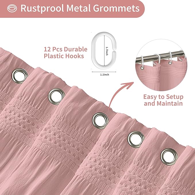 Lameirose Pink Shower Curtain Waffle Shower Curtain Striped Cotton Blend Textured Fabric Shower Curtains for Bathroom 72 x 72, Blush Pink