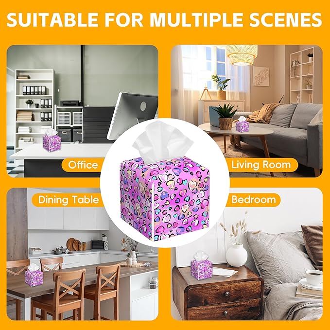 Colorful Heart Tissue Box Cover,Leopard Print PU Leather Tissue Box Holder Square,Modern Home Decoration for Bathroom Living Room Kitchen Office Car,5.2"×5.2"×5.2"