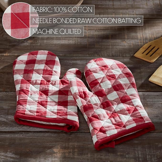 VHC Brands Cotton Oven Mitt Set of 2, Heat Resistant, Baking Glove Pot Holder, Kitchen Mitts, Annie Buffalo Check Collection, 12.5x8, Country Red & White Checkered