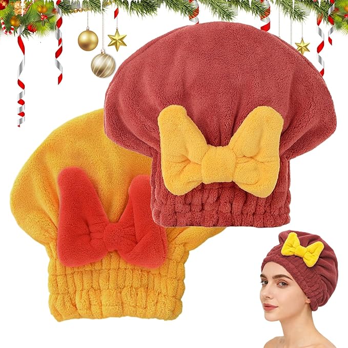 ploreatu Microfiber Hair Drying Caps, Christmas Absorbent Hair Towel Wrap for Women Wet Hair Quick-Drying Hair Towels, Soft Bow Tie Wet Hair Towel Wrap for Party Favors Goody Bag Filler (Red+Yellow)