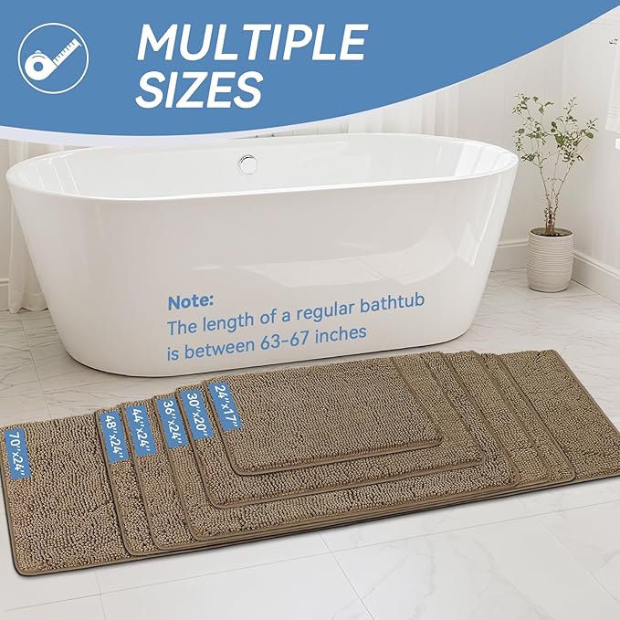 Bcoimo 44"×24" Absorbent Bath Mat, Non-Slip with Backing Chenille Bath Rug and Machine Washable Bathroom Mat Quick-Dry Design. Ideal for Bathroom and Tub Areas