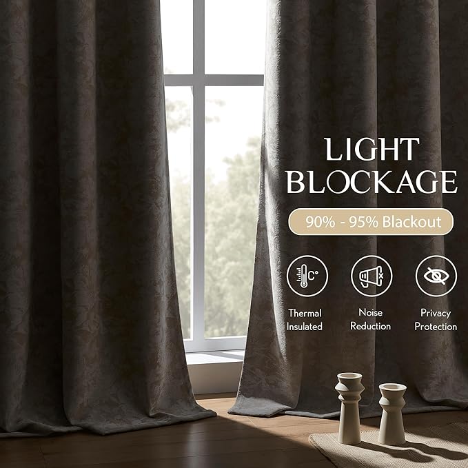 Beauoop Beige Floral Jacquard Blackout Curtains 108 Inches Long 2 Panels for Bedroom Living Room Taupe Flower Chenille Room Darkening Thermal Soundproof Grommet Window Treatments Drapes 52x108