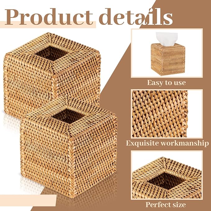 Kigley 2 Pcs Square Rattan Tissue Box Cover Boho Wicker Tissue Cube Box Cover 5.5'' x 5.5'' x 5.5'' Decorative Natural Wicker Hand Woven Napkin Box Holder Bathroom Office Car Accessories (Wood)